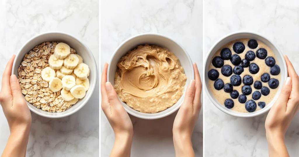 Three-panel sequence: mash banana, mix with oats and peanut butter, fold in blueberries for overnight oats.