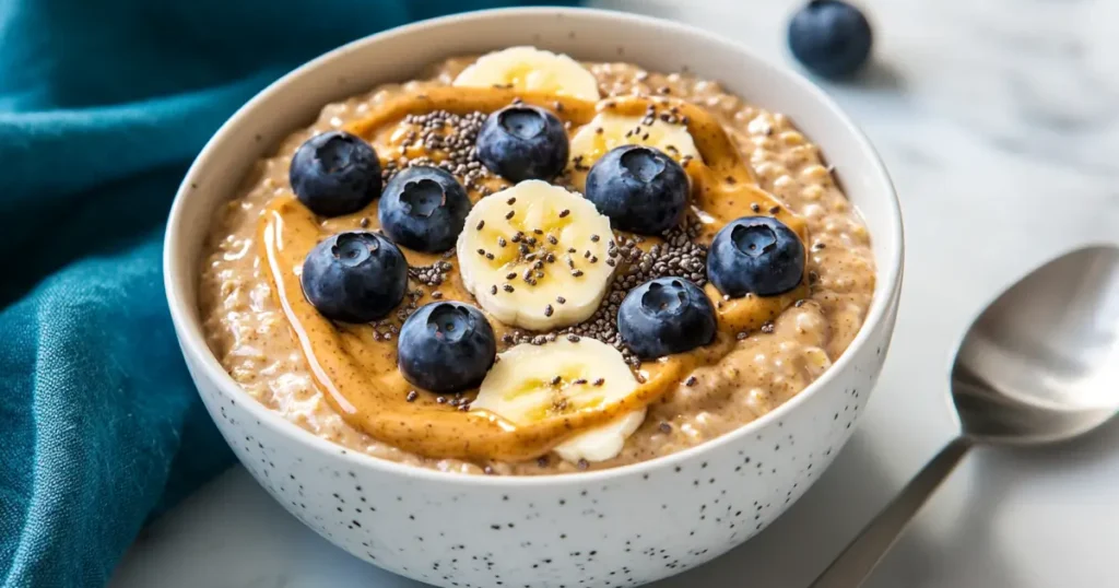 Overnight oats peanut butter banana with blueberries, peanut butter swirl, and chia on white marble.