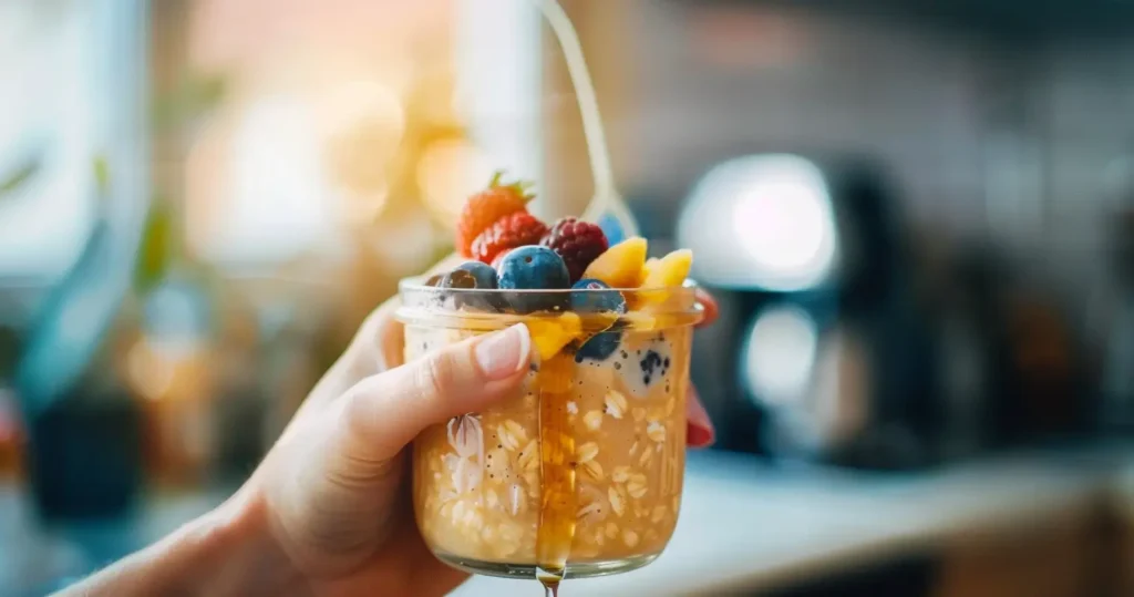 Hand holding a jar of overnight oats with blueberries, topped with honey and chia seeds.