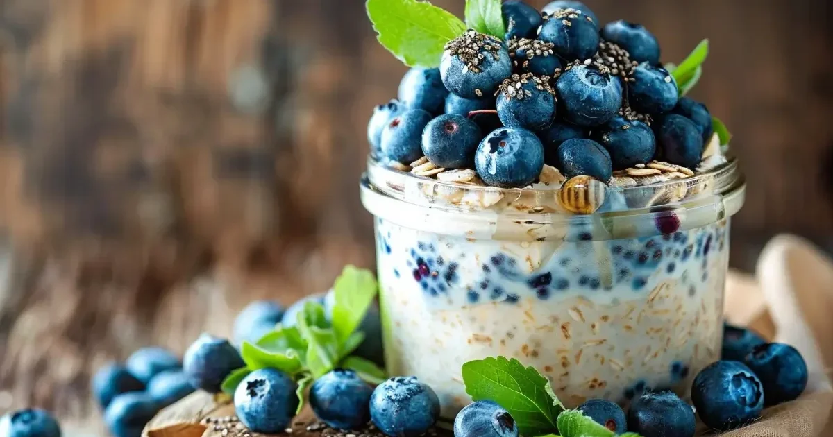 Side view of a jar of overnight oats with blueberries, topped with chia seeds and honey on a rustic table