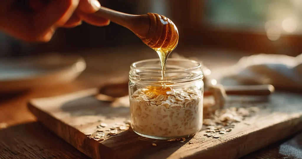 Ingredients for overnight oats photographed at 45 degrees on a white surface.