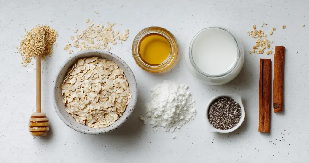 Hand stirring oats into yogurt and honey at a 45-degree view.