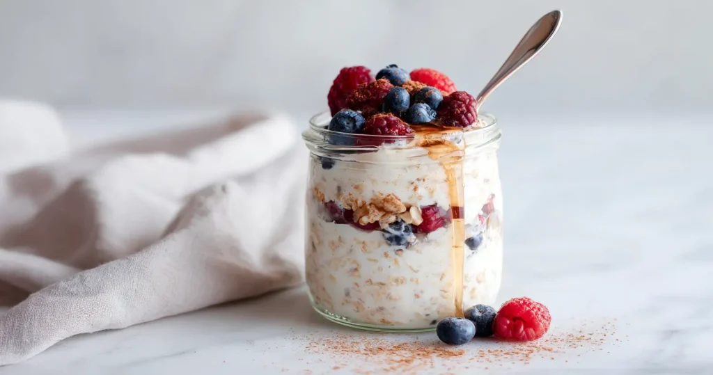 Overnight oats with yogurt and berries shot at a 45-degree angle on marble.