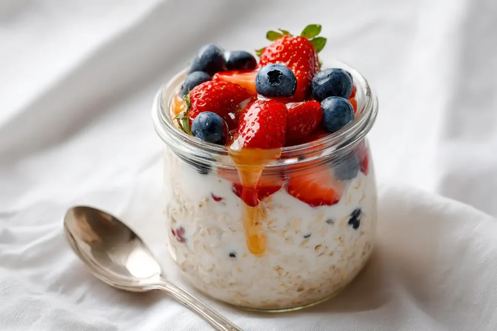 Fresh overnight oats with fruit and yogurt topped with berries and honey in a glass jar