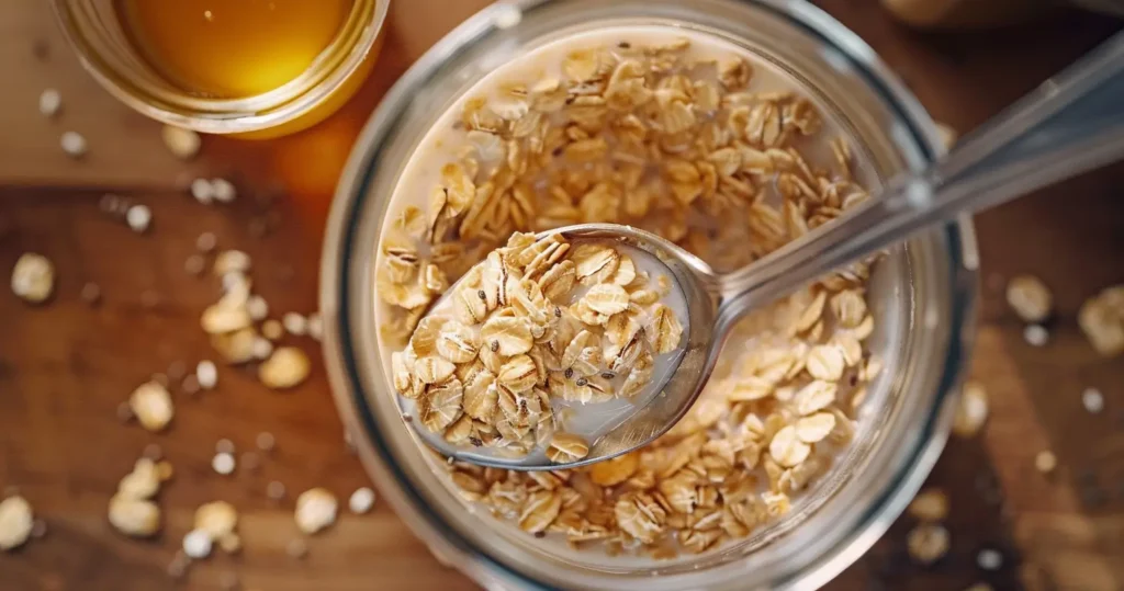 Stirring oats with milk and chia seeds in a glass jar during preparation