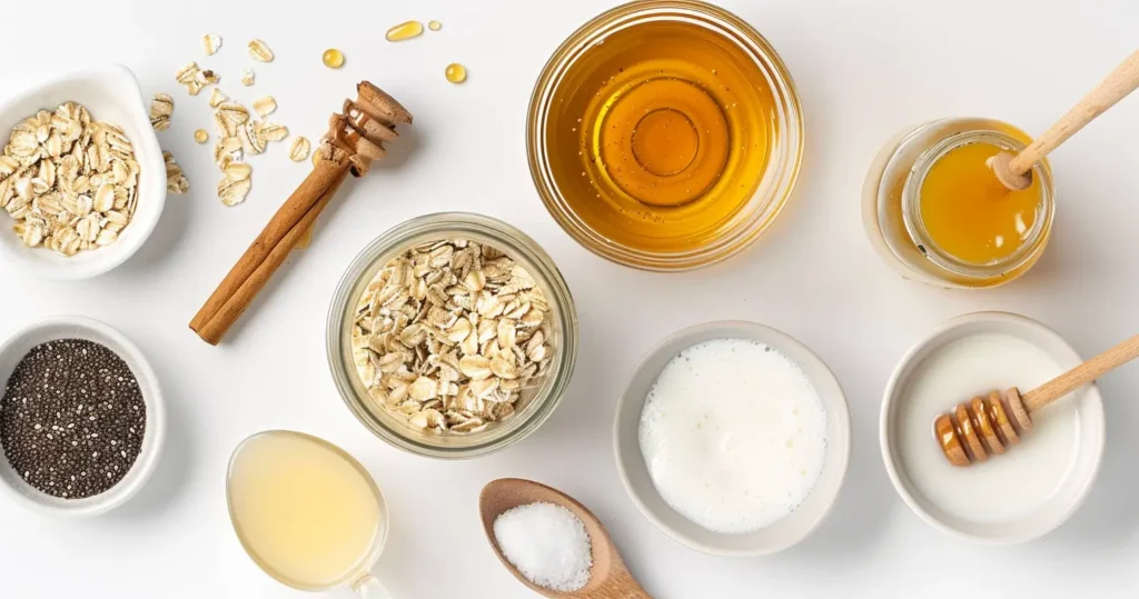 Flat lay of overnight oats  including oats, milk, yogurt, honey, and chia seeds