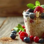 Creamy overnight oats with milk topped with fresh berries and honey in a glass jar